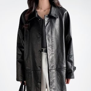 Women's Genuine Leather Trench Coat, Black Leather Trench Coat Women, Mid Length Leather Coat for Women Overcoat, Retro Leather Jacket Women