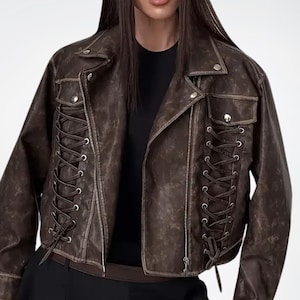 Women Cropped Lace Up Details Genuine Gothic Leather Jacket, Biker Jackets, Real Leather Bomber Biker Jacket for Women, Gift for Bikers