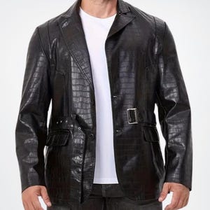 Men&#39;s Crocodile Texture Genuine Leather Blazer with Belt, Black Leather Blazer for Men, Luxury Leather Blazer, Real Leather Coat for Men