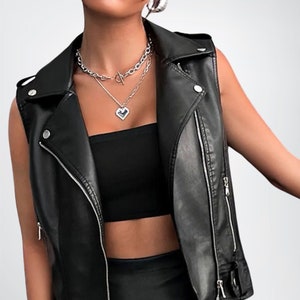 Women&#39;s Biker Zipper Leather Vest, Black Leather Vest for Women, 100% Real Biker Leather Vest, Sheepskin Custom Leather Vest, Gift for her