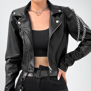 Women&#39;s Chained Shoulder 100% Genuine Leather Jacket, Gothic Biker Jackets Women, Leather Motor Biker Jacket for Women, Gift for her