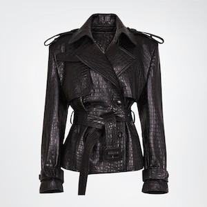 Women 100% Genuine Double Breasted Crocodile Pattern Leather Jacket, Ladies Biker Jacket, Real Leather Jacket for Women, Gift for her