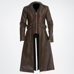 Men&#39;s Black/Brown Real Cowhide Leather Long Coat, Genuine Leather Duster, Black Leather Trench Coat, Steampunk Leather Vampire Coat Men