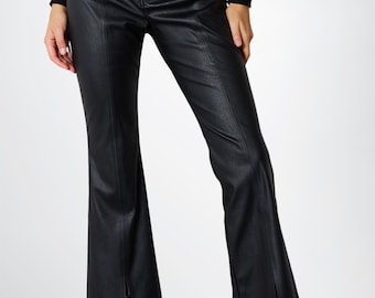 Flare Pants Leather Trousers With Slits Women's Sheepskin High