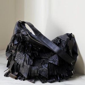 Soft Lambskin Retro Black Patchwork Leather Crossbody Bag for Women, Women Patchwork Leather Bag, Genuine Retro Tassel Leather handbag