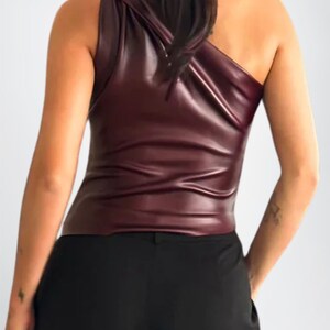 Women's Sexy Twisted Asymmetrical Ruched Shoulder Leather Crop Top, Leather Tank Tops, Women 100% Genuine Leather Motorbiker Tops