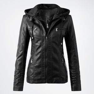 Women&#39;s Hooded Genuine Leather Jacket, Ladies Biker Leather Jacket, Motorcycle Jacket, Gift for Bikers, Black/Brown Leather Jacket Women