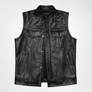 Men&#39;s Genuine Leather Biker Vest, 100% Genuine Black Leather Wasitcoat, Sheep/Cow Leather Vest, Casual Vest Gift For him