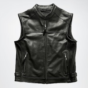 Men&#39;s Breathable Mesh Genuine Leather Biker Vest, 100% Genuine Black Leather Wasitcoat, Sheep/Cowhide Leather Vest, Casual Vest Gift For him