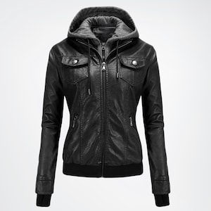 Women&#39;s Hooded Genuine Leather Jacket, Ladies Biker Leather Jacket, Motorcycle Jacket, Gift for Bikers, Black/Brown Leather Jacket Women