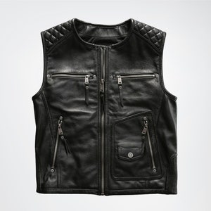 Men&#39;s Black Genuine Ribbed Leather Biker Vest, 100% Genuine Leather Wasitcoat, Sheep/Cowhide Leather Vest, Casual Vest Gift For him