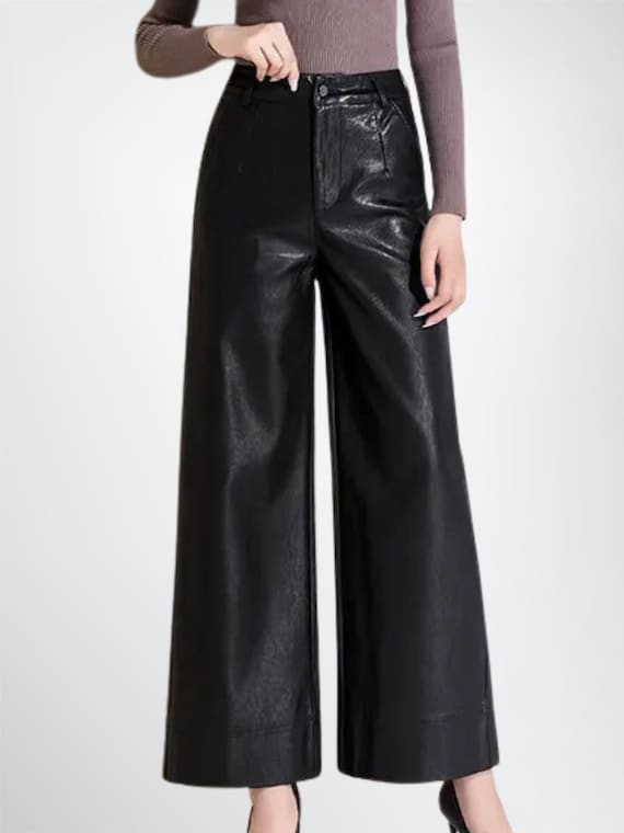 Women's Black Faux Leather Wide Leg Pants , Leather Palazzo