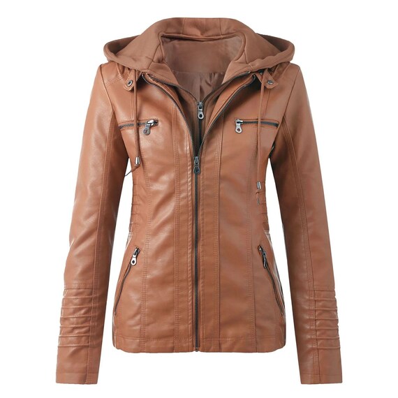 Echte Lederjacke mit Kapuze für Damen, Damen Biker Lederjacke