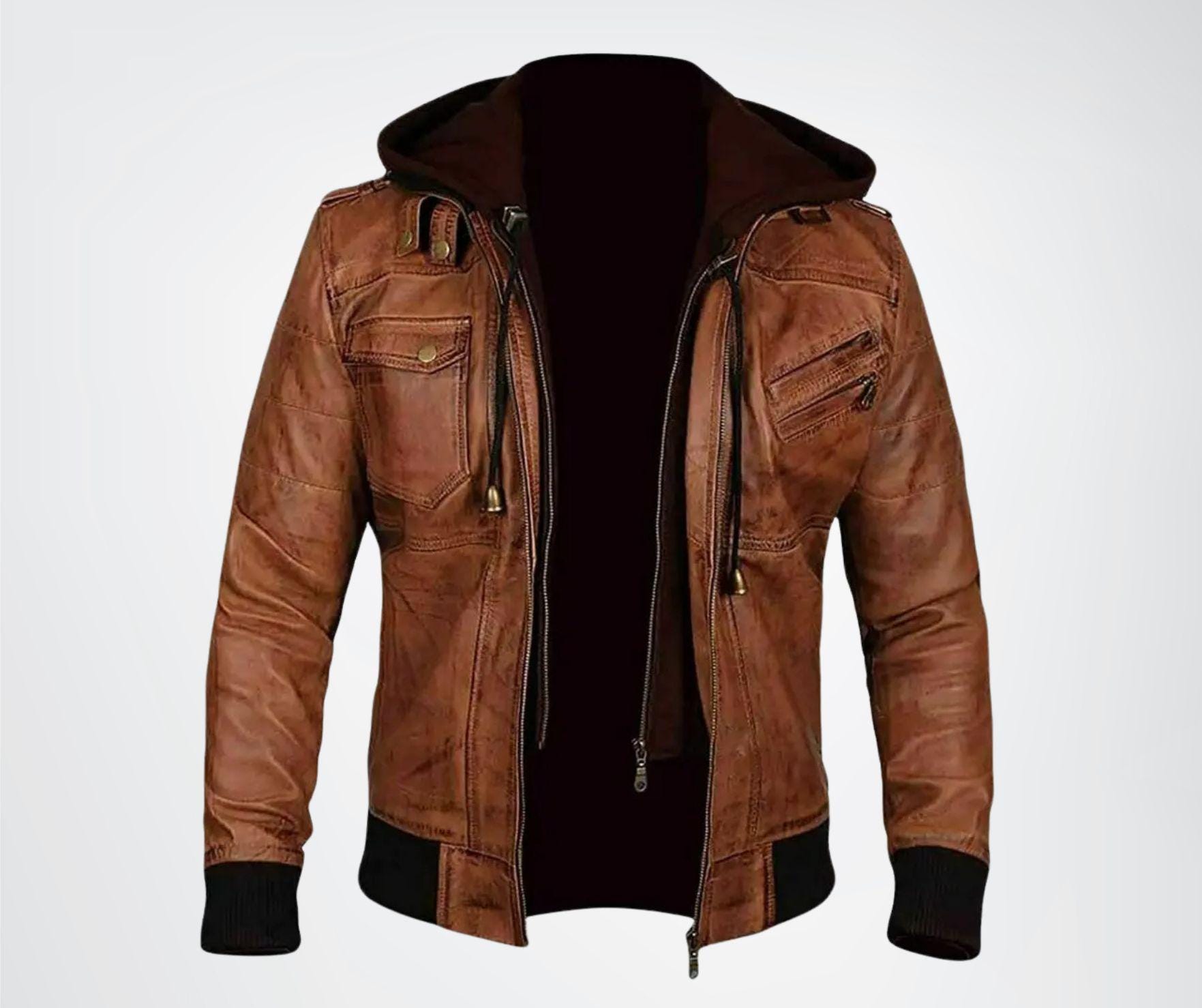 【予約販売】本 Hooded Genuine Retro Brown Men's Leather Real Jacket, トップス
