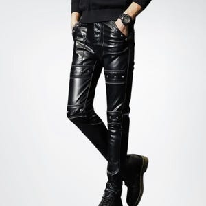 Men&#39;s Punk Style Black Genuine Leather Pants with Rivet Accents, Biker Leather Jeans, Custom Handmade Men&#39;s Leather Party Pants