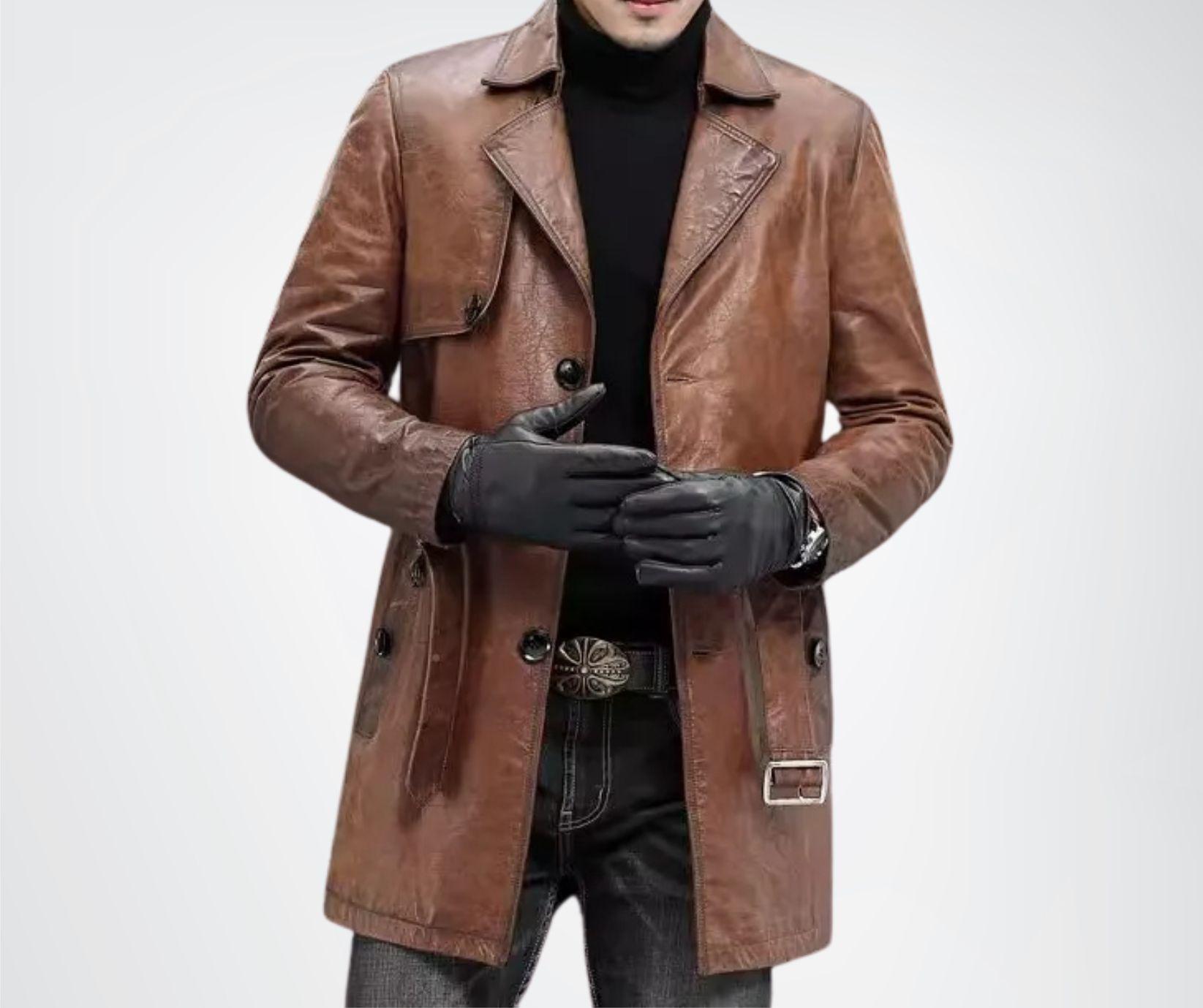 Handmade Genuine Leather Mid Length Coat for Men, Genuine Leather Overcoat, Brown Leather Trench Coat, Vintage Leather Duster Coat Men
