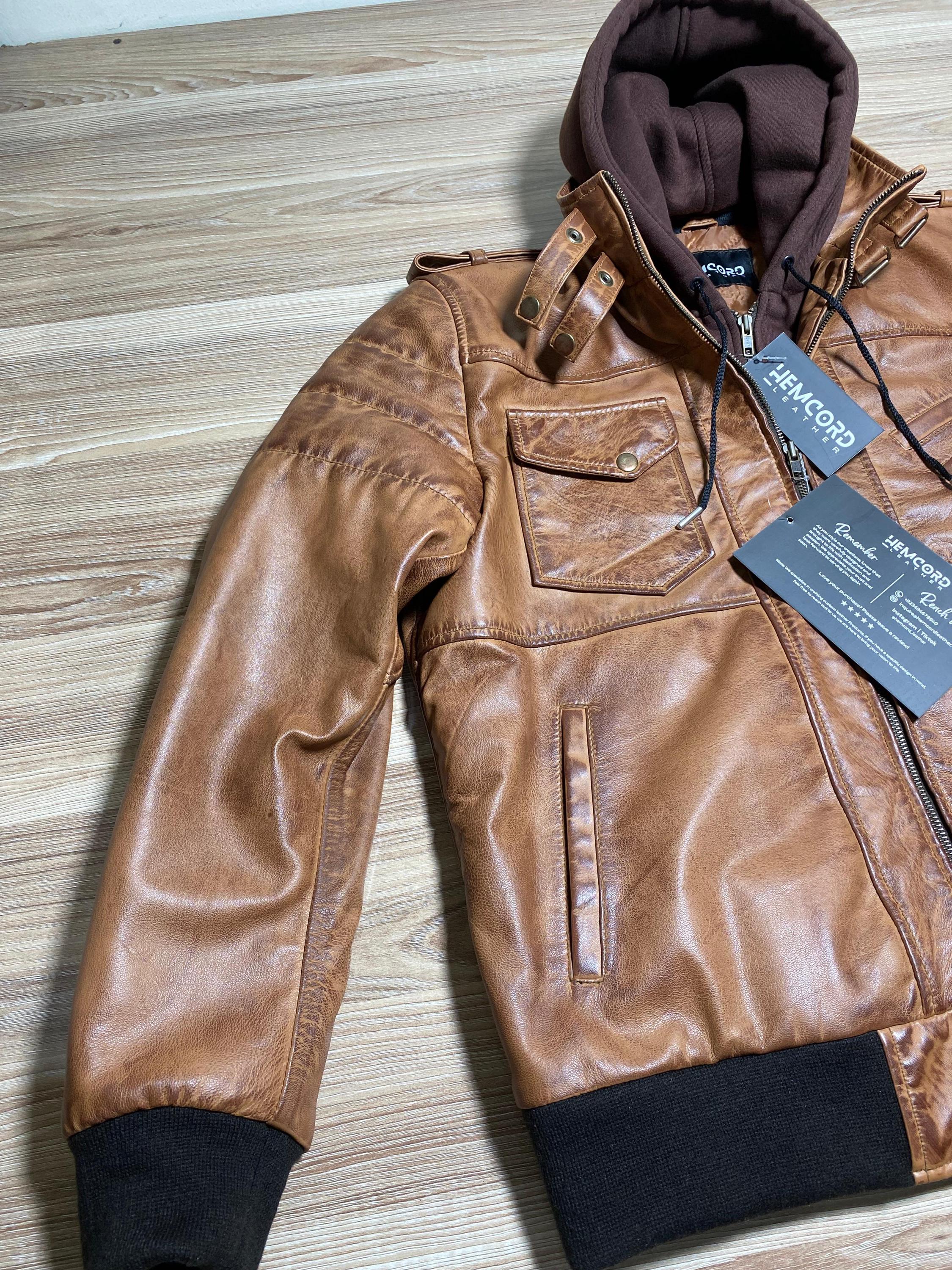 Men's Brown Retro Genuine Hooded Leather Jacket, Real