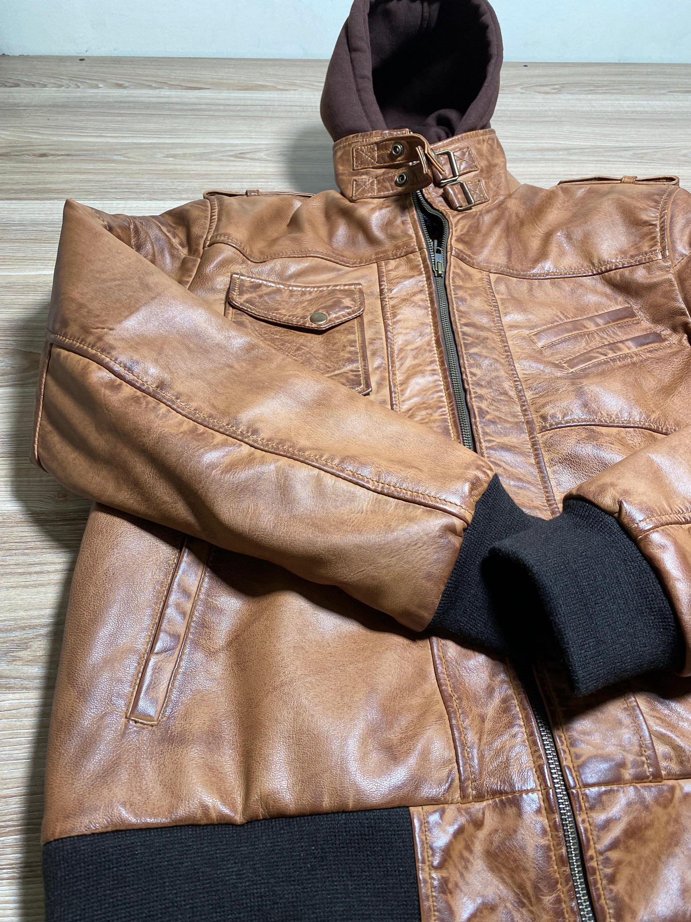 tuduoms Hooded Leather Jacket Mens Winter Oversize Vintage