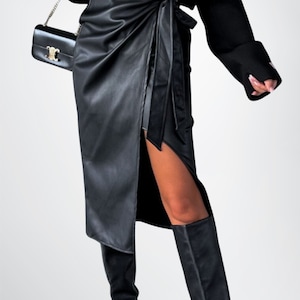 Customizable Women&#39;s Genuine Lambskin Tied High Waist Hot Leather Midi skirt, Women Black Sexy Long Leather Skirt, Long Leather Skirt