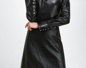 Women&#39;s Handmade Soft Genuine Leather Dress with Zip Closure, Full Sleeves Black Leather Dresses for Women, Perfect Gift for Her