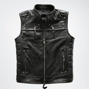 Men&#39;s Black Genuine Ribbed Leather Biker Vest, 100% Genuine Leather Wasitcoat, Sheep/Cow Leather Vest, Casual Vest Gift For him