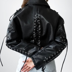 Women Cropped Lace Up Details Genuine Gothic Leather Jacket, Biker Jackets, Real Leather Bomber Biker Jacket for Women, Gift for Bikers