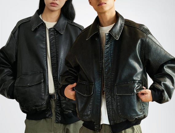 Men/women's Oversized Genuine Leather Bomber Jacket, Unisex