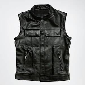 Men&#39;s Genuine Leather Biker Vest, 100% Genuine Black Leather Wasitcoat, Sheep/Cow Leather Vest, Casual Vest Gift For him