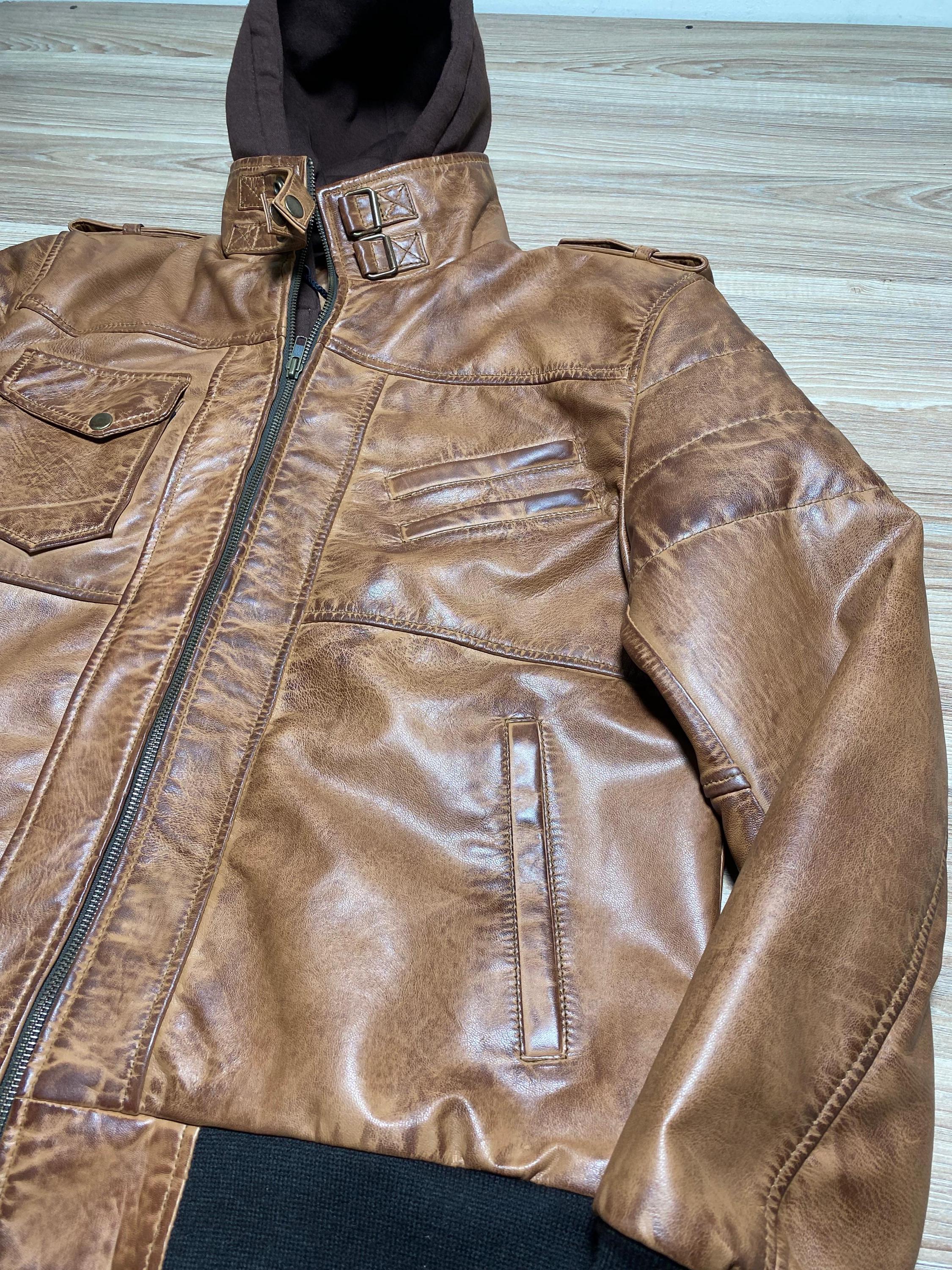 Men's Brown Retro Genuine Hooded Leather Jacket, Real