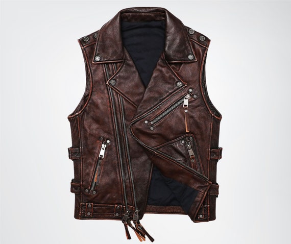 Men s Vintage Brown Genuine Cowhide Ribbed Leather Biker Vest Real Leather Wasitcoat Cow Leather Vest Club Style Vest Gift for Him Etsy