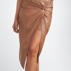 Customizable Womens Genuine Lambskin High Waist Leather Twist Detail Midi skirt, Women Black/Tan Sexy Long Leather Skirt, Midi Leather Skirt