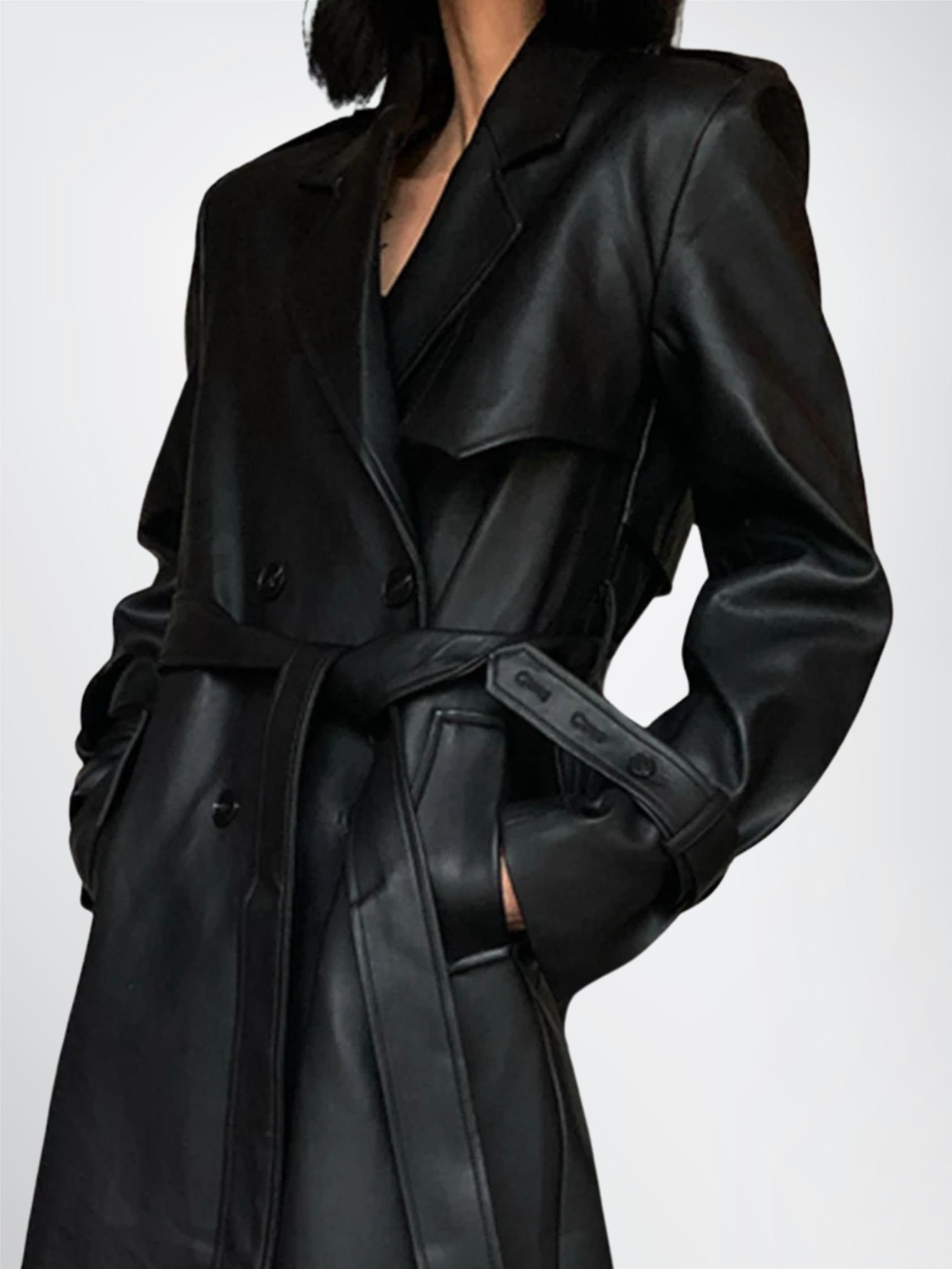 Elegant Women's Genuine Soft Leather Trench Coat, Black Long
