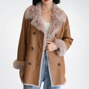 Women&#39;s Shearling Genuine Leather Coat, Leather Coats Women, Cozy Winter Fashion Sheepskin Coat for Women, Leather Faux Fur Coat