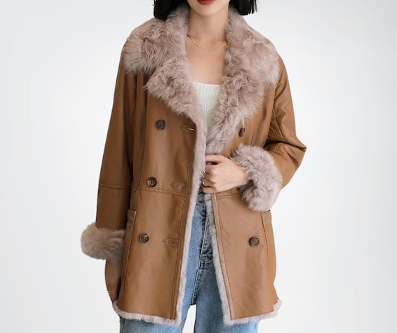 Women's Shearling Genuine Leather Coat, Leather Coats Women, Cozy