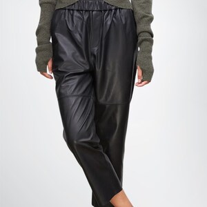 Women&#39;s Black/Brown Casual Straight Elastic Waist Genuine Leather Pants, Brown Leather Pants for Women, Black/Brown Leather Trousers Women