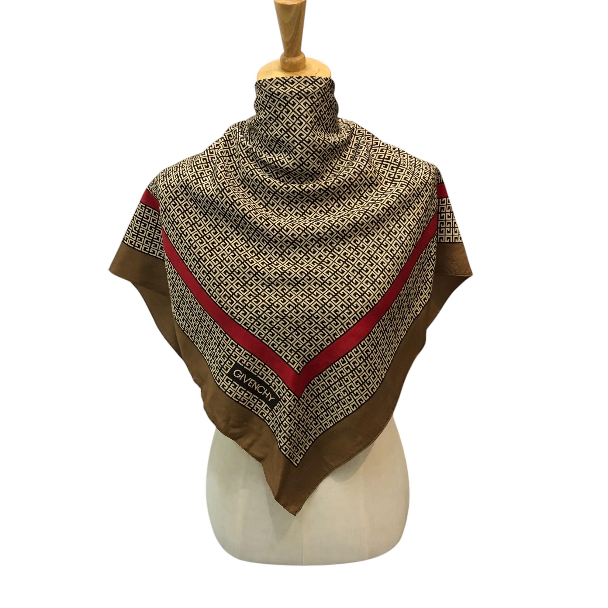Vintage Givenchy Unisex Silk Scarf Brown Red Monogram 4G Logo