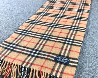 Vintage Burberry London Scarf, 100% Lambswool Nova Check Plat, Tan