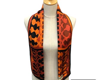 Vintage Yves Vacarisas Silk Scarf, Orange Brown Geometric Print Silk Neck Scarf, Designer Silk Head Wrap, Hand Rolled Hem, Mod Long Scarf