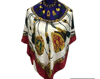 Vintage Crown Tassel Unisex Silk Scarf, Regal Heraldic Pattern Large Square Scarf, Royal Red Gold Blue Silk Wrap, Hand Rolled Hem,