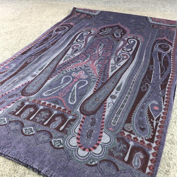 Vintage Etro Italy Wool Silk Scarf, Luxury Purple Blue Paisley