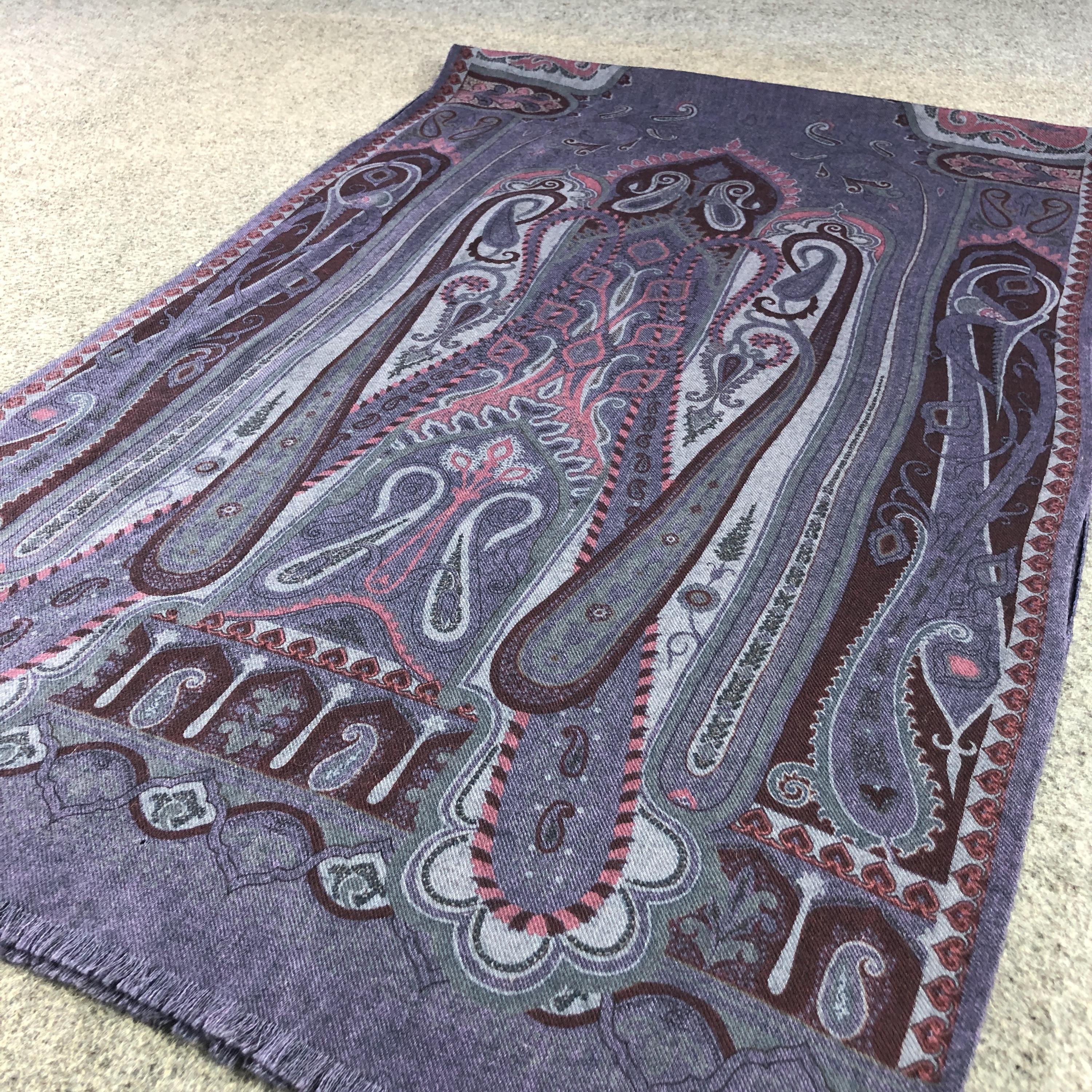 小物 ETRO Wool Paisley Muffler Vintage Etro Italy Wool Silk Scarf, Luxury Purple Blue Paisley