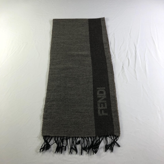 Vintage FENDI Wool Scarf Brown Grey Stripe Logo Pattern Made in