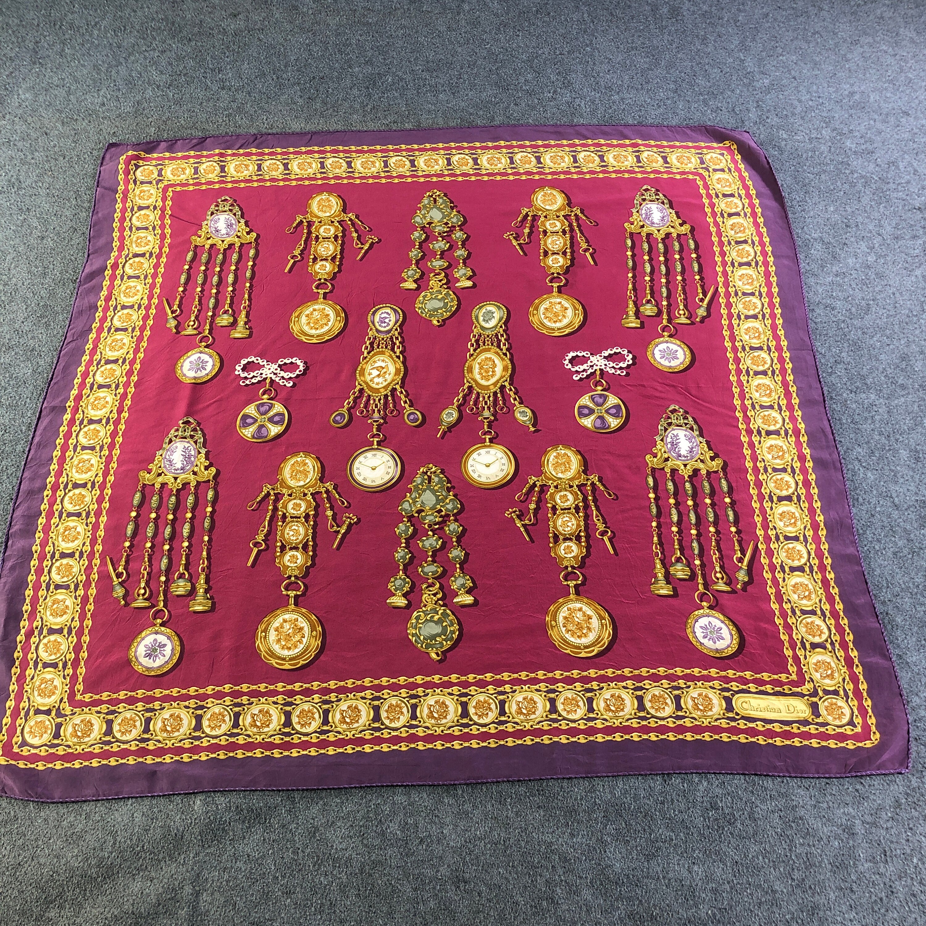 Vintage Christian Dior Silk Scarf, Burgundy Purple Gold Jewelry