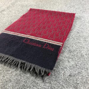 Vintage Christian Dior Oblique Scarf Burgundy & Navy Blue Wool Knit Muffler, Retro Designer Dior Logo Pattern Winter Wrap, Authentic Dior