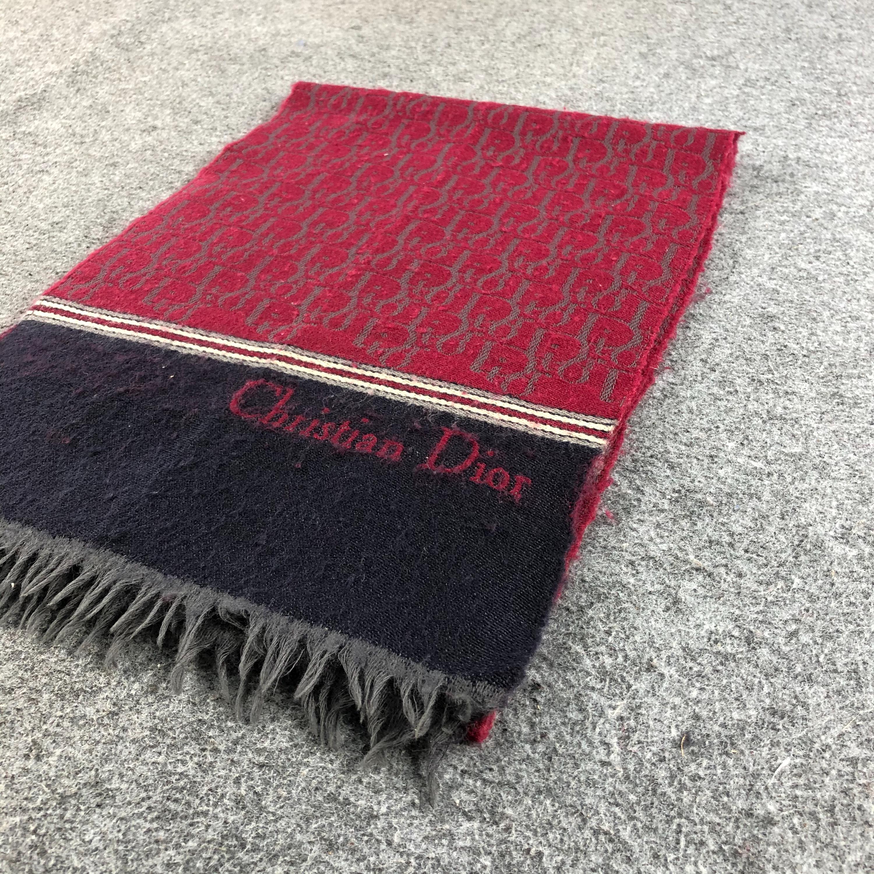 Vintage Christian Dior Oblique Scarf Burgundy & Navy Blue Wool