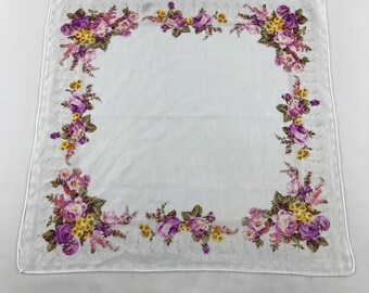 Vintage Christian Dior Floral Handkerchief, Purple Pink Rose White Cotton Pocket Square, Designer Scarf Bandana, Unisex French Fashion