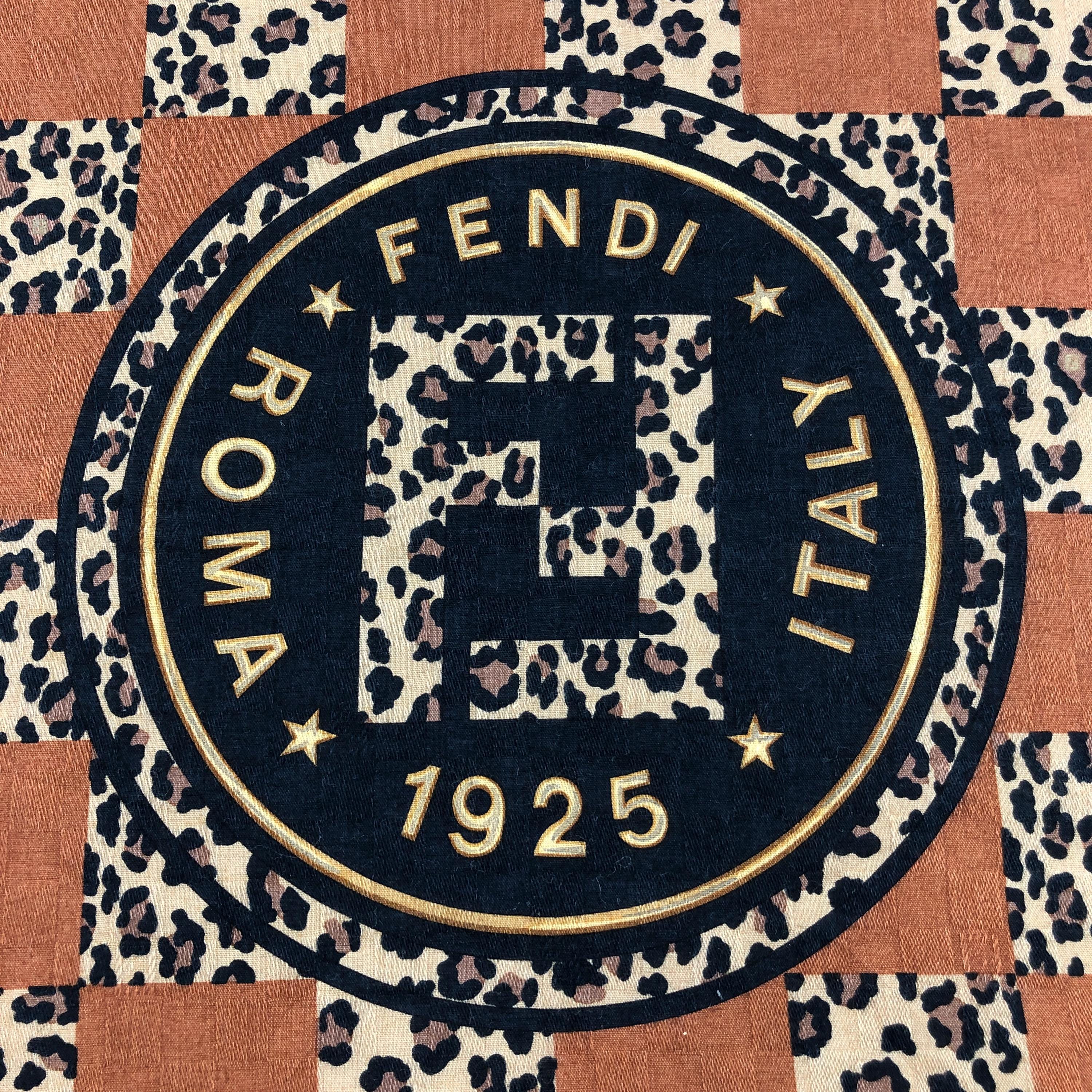 Vintage Fendi Handkerchief, Brown Checkerboard Leopard Print