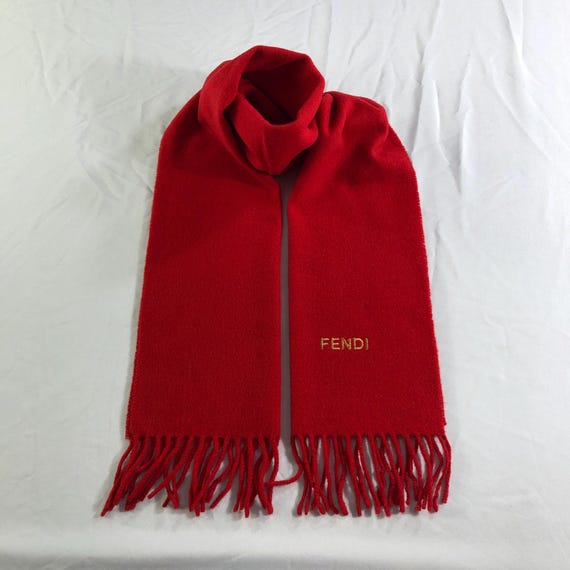 FENDI ウールリブマフラー Vintage Fendi Red Wool Scarf, Authentic Fendi Roma Embroidered