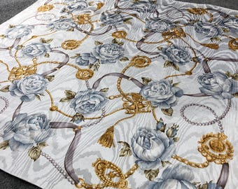 Vintage Burberrys Cotton Scarf Unisex Handkerchief, Blue Rose Floral & Gold Chain Print, Luxury Pocket Square, Designer Hand Rolled Hem,