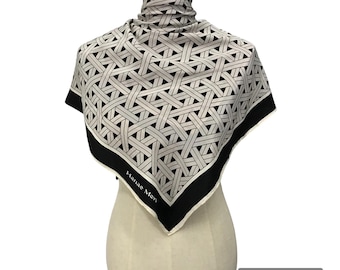 Vintage Hanae Mori Silk Scarf, Black White Geometric Art Deco Pattern, Designer Scarf, Hand Rolled Hem, Large Square Neck Scarf Gift for Her